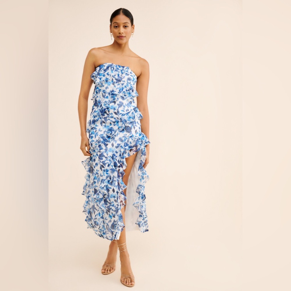 BHLDN Jia Bias-Cut Ruffled Printed V-Neck Gown size 4